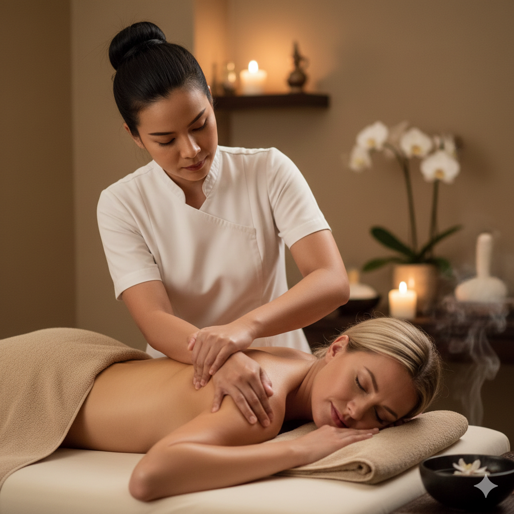 Massage therapist performing deep tissue massage on a client's back at Bloom Thai Therapy Arlington VA