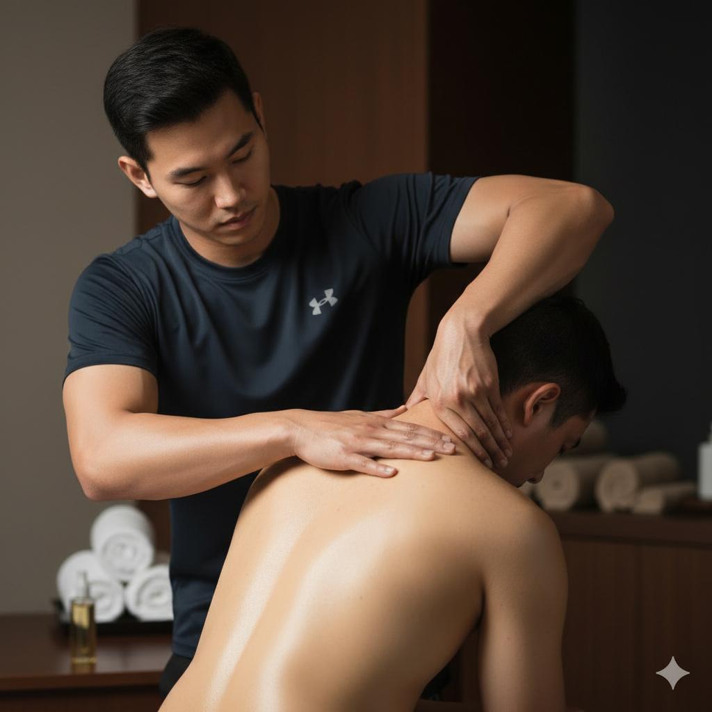 Therapist performing neck and shoulder massage on an office worker client at Bloom Thai Therapy in Arlington VA