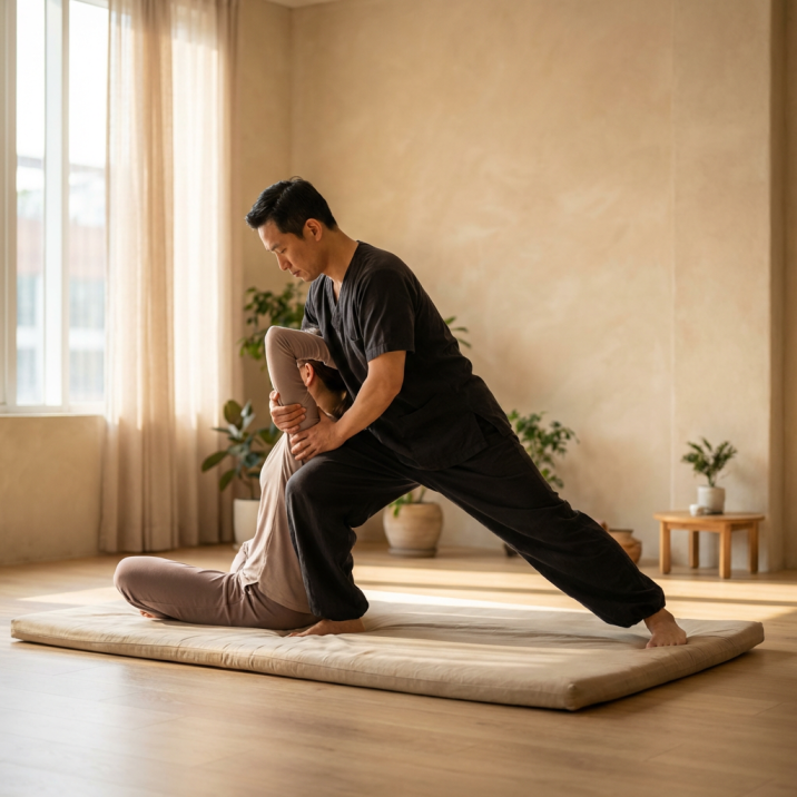 Bloom Thai Therapy practitioner performing assisted Thai stretching on a client in Arlington VA