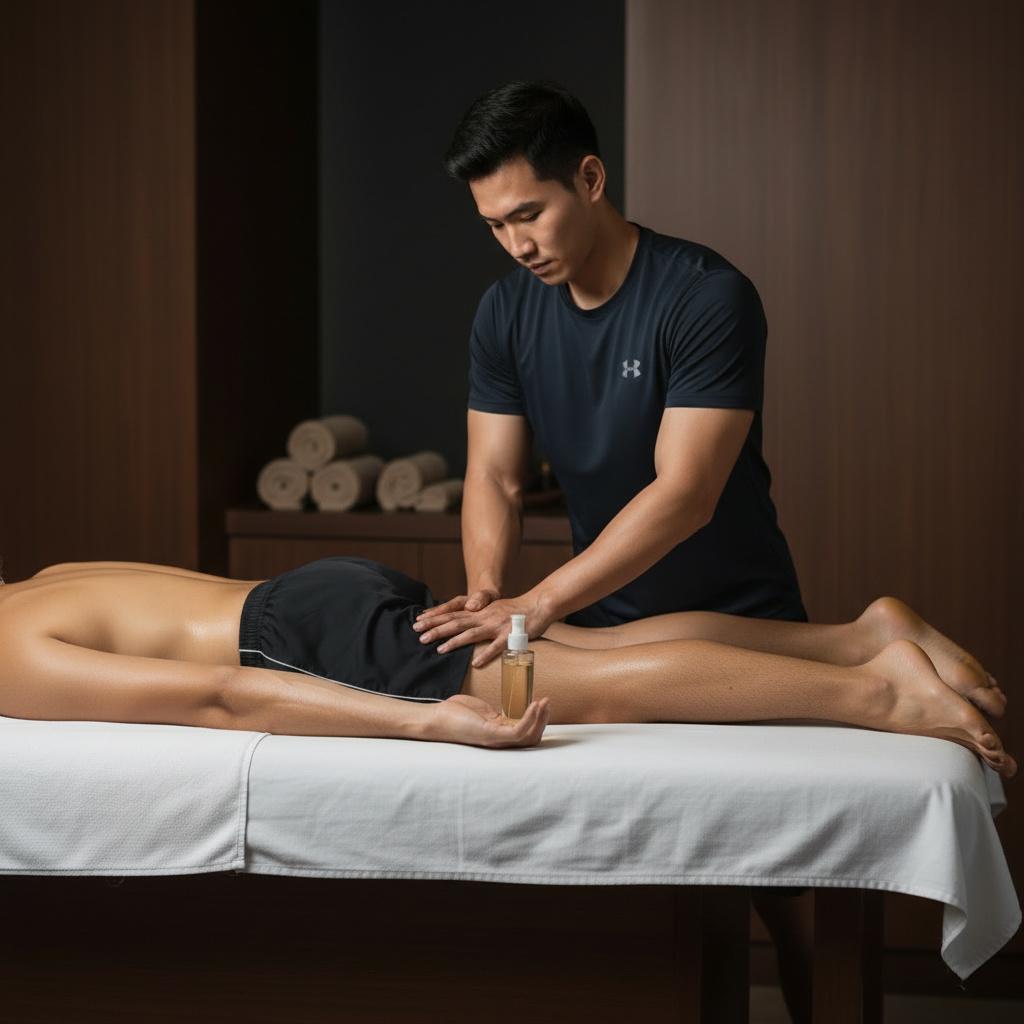 Sports massage therapist working on an athlete's back and leg muscles for recovery at Bloom Thai Therapy Arlington VA