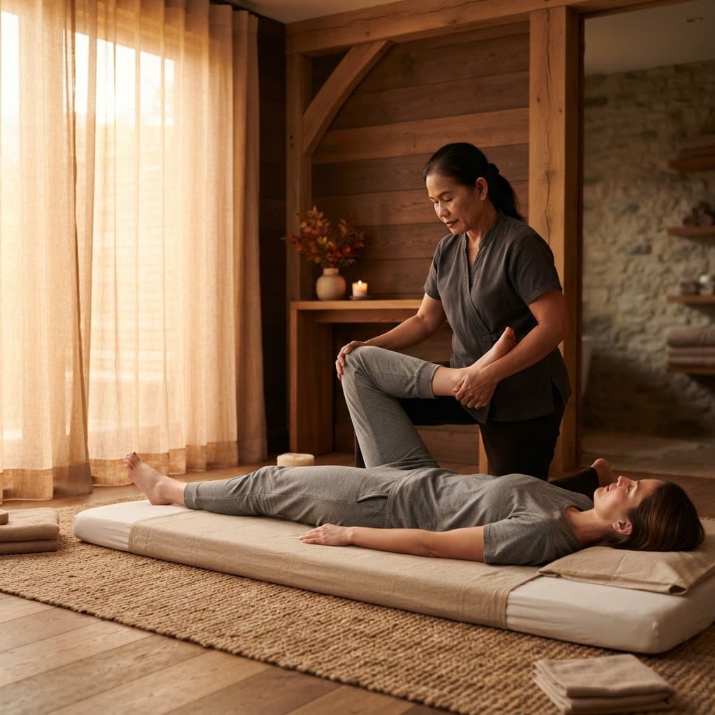 Professional Thai massage therapist performing assisted stretching on a client in a warm elegant spa room at Bloom Thai Therapy in Arlington VA