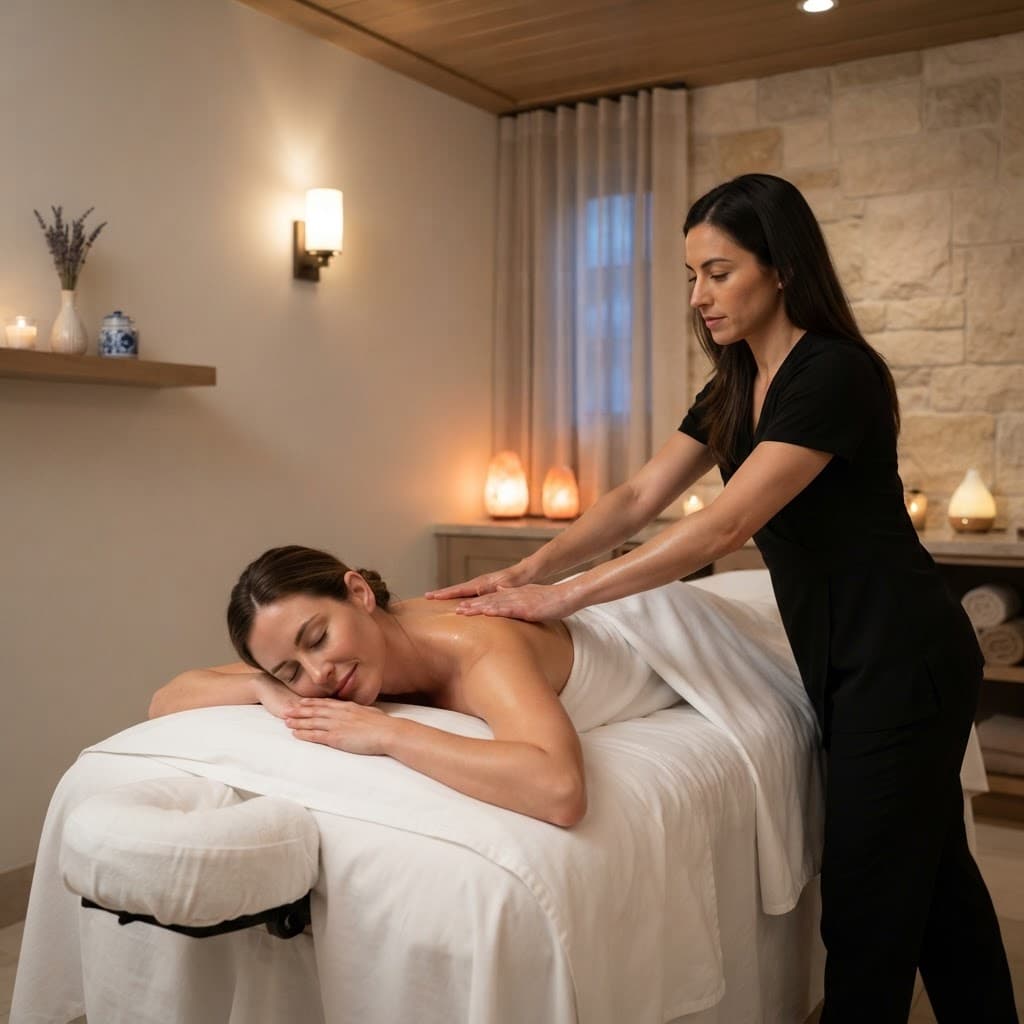 Professional massage therapist performing a relaxing massage on a client in a premium spa room at Bloom Thai Therapy in Arlington VA
